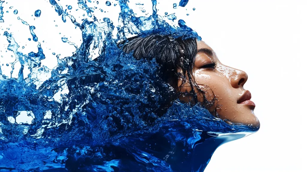 Here's a description of the image:

The image shows a woman's face and neck, partially submerged in a vibrant blue splash of water.  Her eyes are closed, suggesting serenity. The water appears dynamic, with droplets and splashes creating a crown-like effect around her head and hair.  Her skin is glistening, and the overall impression is one of freshness, purity, and beauty, possibly suggesting a product related to water or skincare. The background is plain white, allowing the blue water and the woman's features to stand out dramatically.