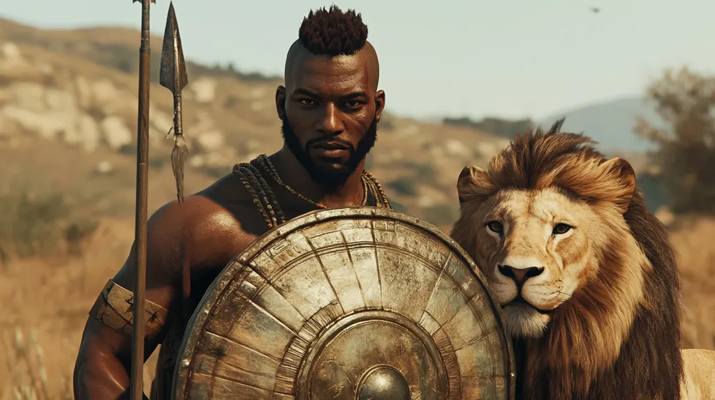 A muscular, dark-skinned warrior with a mohawk stands defiantly, holding a large, ornate shield. He's adorned with tribal jewelry and carries a spear.  Beside him, a majestic lion rests calmly, its gaze directed toward the viewer. The backdrop is a sun-drenched, arid landscape, suggesting a setting of ancient warfare or mythology. The overall mood is one of power and unwavering strength.