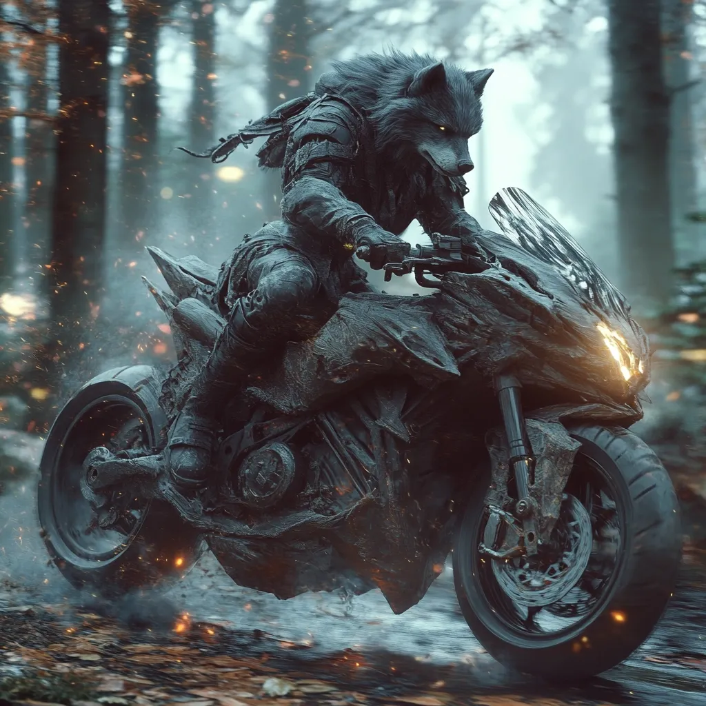 A digital illustration depicts a wolf-like creature, clad in dark, armored clothing, riding a futuristic, stone-like motorcycle through a misty forest.  Sparks fly from the bike's wheels as it speeds along a damp path strewn with fallen leaves. The atmosphere is dark and moody, enhancing the mystical and powerful aura of the scene. The creature's intense gaze adds to the overall feeling of adventure and a touch of danger.