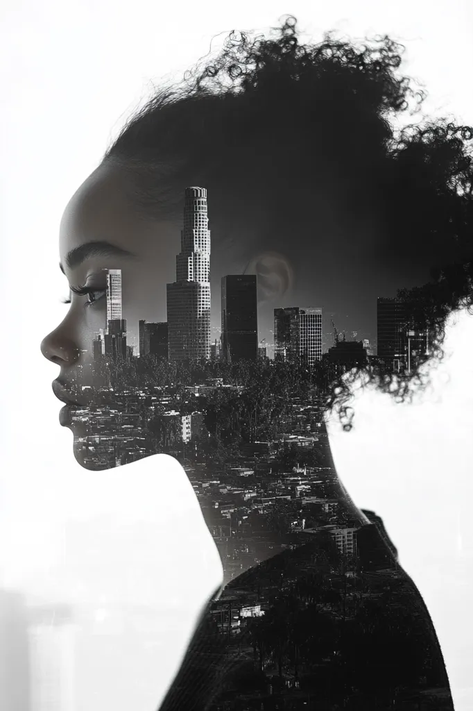 Here's a description of the image:

The monochromatic image is a striking double exposure, superimposing the profile of a young woman with a cityscape.  Her dark, curly hair blends seamlessly with the city skyline, while her face is partially visible, gazing off to the side.  The city, possibly Los Angeles, features skyscrapers and a dense urban environment, creating a powerful visual metaphor of urban life and individual identity. The effect is artistic and evocative, suggesting a deep connection between the subject and the city. The overall tone is somber yet beautiful, with the contrast between the softness of the woman's features and the harsh lines of the buildings adding visual interest.