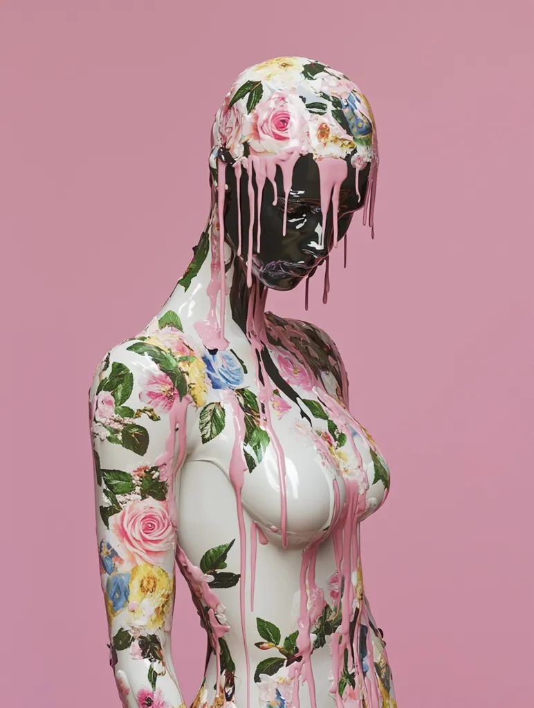 Here is a description of the image:

The image shows a mannequin, its surface covered in a floral print and drizzled with pink, glossy paint.  The paint drips down the figure's body, creating a melting effect. The mannequin's head is also adorned with the floral print, and its posture is slightly slumped, giving it a melancholic or vulnerable appearance. The backdrop is a solid, pale pink, which contrasts with the vibrant colors of the floral print and the pink paint. The overall aesthetic is surreal and slightly unsettling.