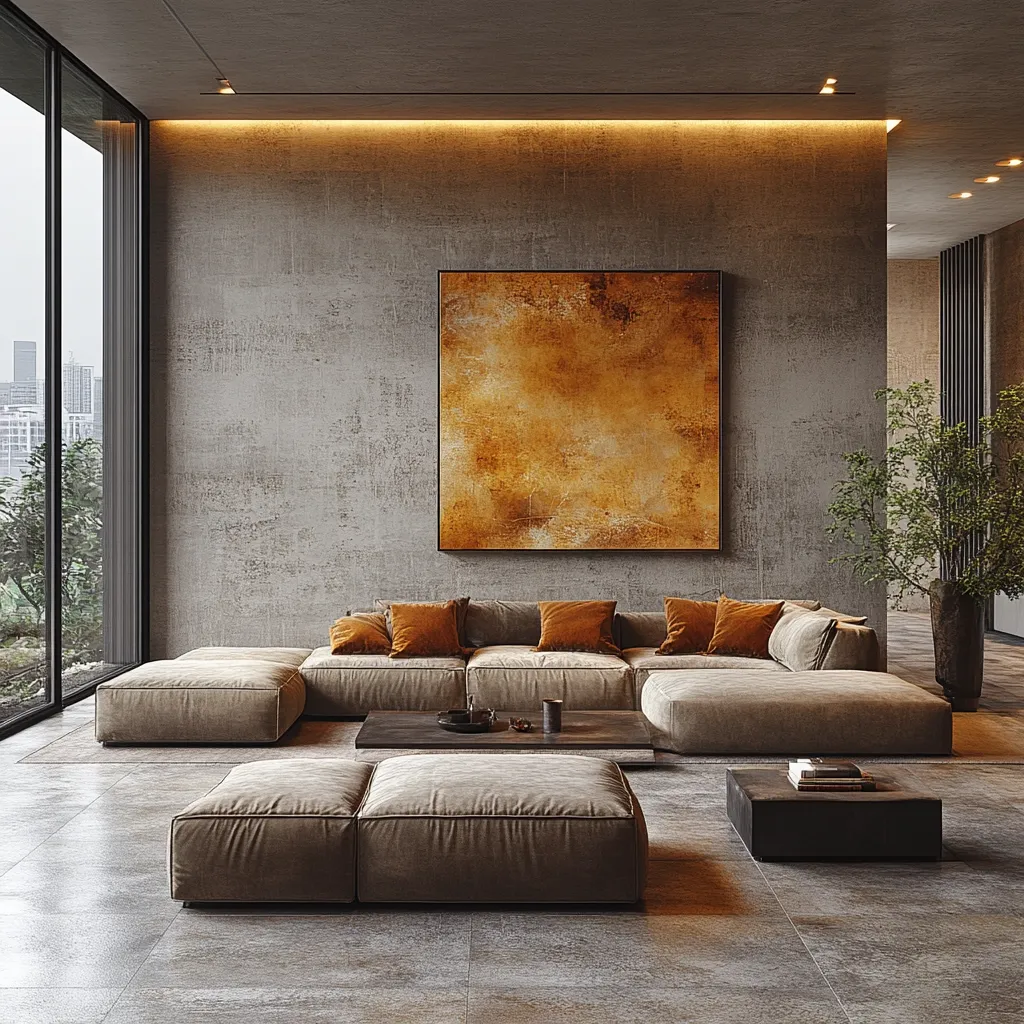 Here's a description of the image:

A modern living room boasts a large, low-slung sectional sofa in muted beige, complemented by burnt orange throw pillows.  The sofa is arranged around a low wooden coffee table. Two square ottomans sit in front of the sofa.  A large abstract painting in warm gold tones hangs on a textured concrete wall, illuminated by recessed lighting.  Floor-to-ceiling windows offer a view of city buildings and greenery, while a potted plant adds a touch of nature.  The overall aesthetic is minimalist and sophisticated, with a neutral color palette punctuated by the orange accents. The flooring is a large-format tile in a neutral grey tone.