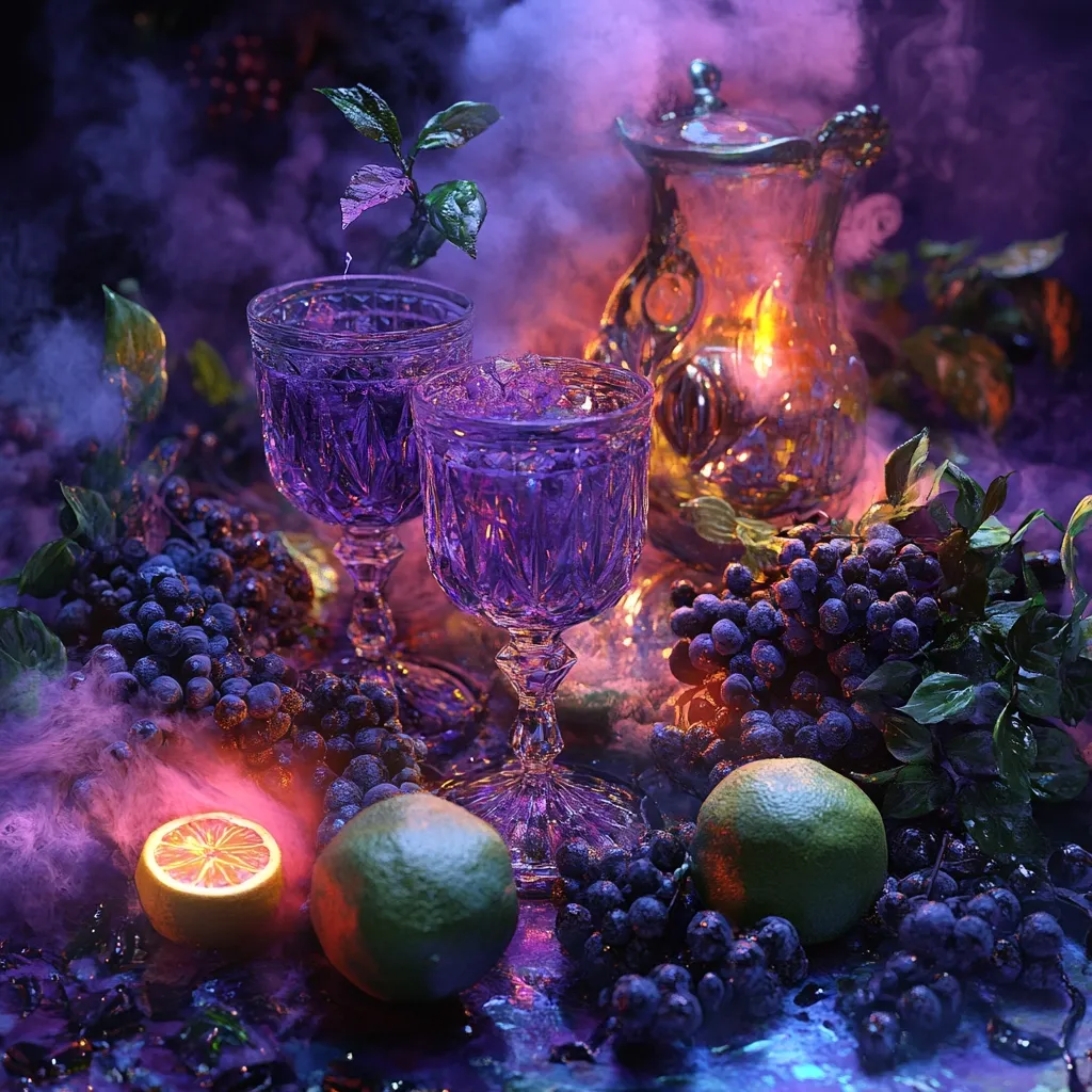 Bathed in an ethereal purple and orange light, two ornate crystal goblets filled with a vibrant purple liquid take center stage.  Surrounding them are bunches of dark purple grapes, glistening limes, and a half-cut orange. A glass pitcher with a candle inside sits nearby, adding to the mystical ambiance.  Dry ice creates a smoky effect, enhancing the dramatic, almost magical, setting.  The overall mood is one of enchanting mystery and rich color.