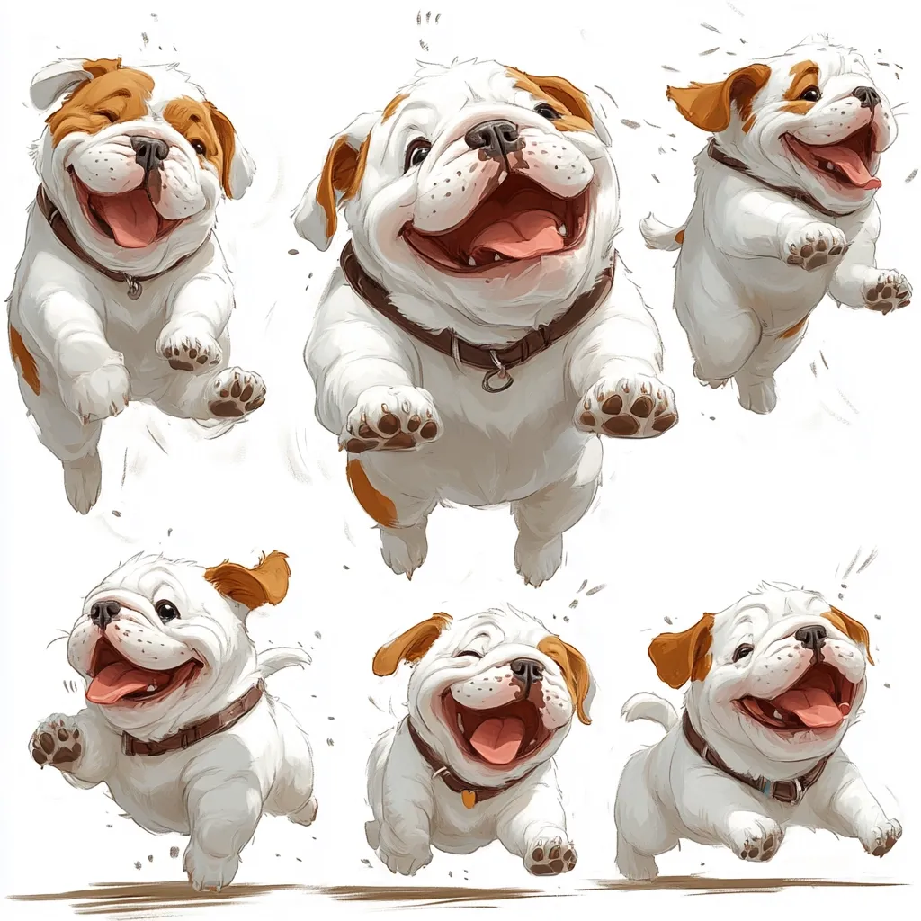 Here's a description of the image:

The illustration showcases six adorable, cartoonish English Bulldog puppies in various playful poses.  All are predominantly white with tan markings on their faces and ears.  Each puppy is depicted mid-leap or run, with wide, joyful expressions and tongues hanging out.  Their exaggerated features and slightly chubby bodies contribute to their endearing appearance. The background is plain white, highlighting the puppies and their lively energy.  The style is vibrant and whimsical, perfect for a cheerful and playful context.