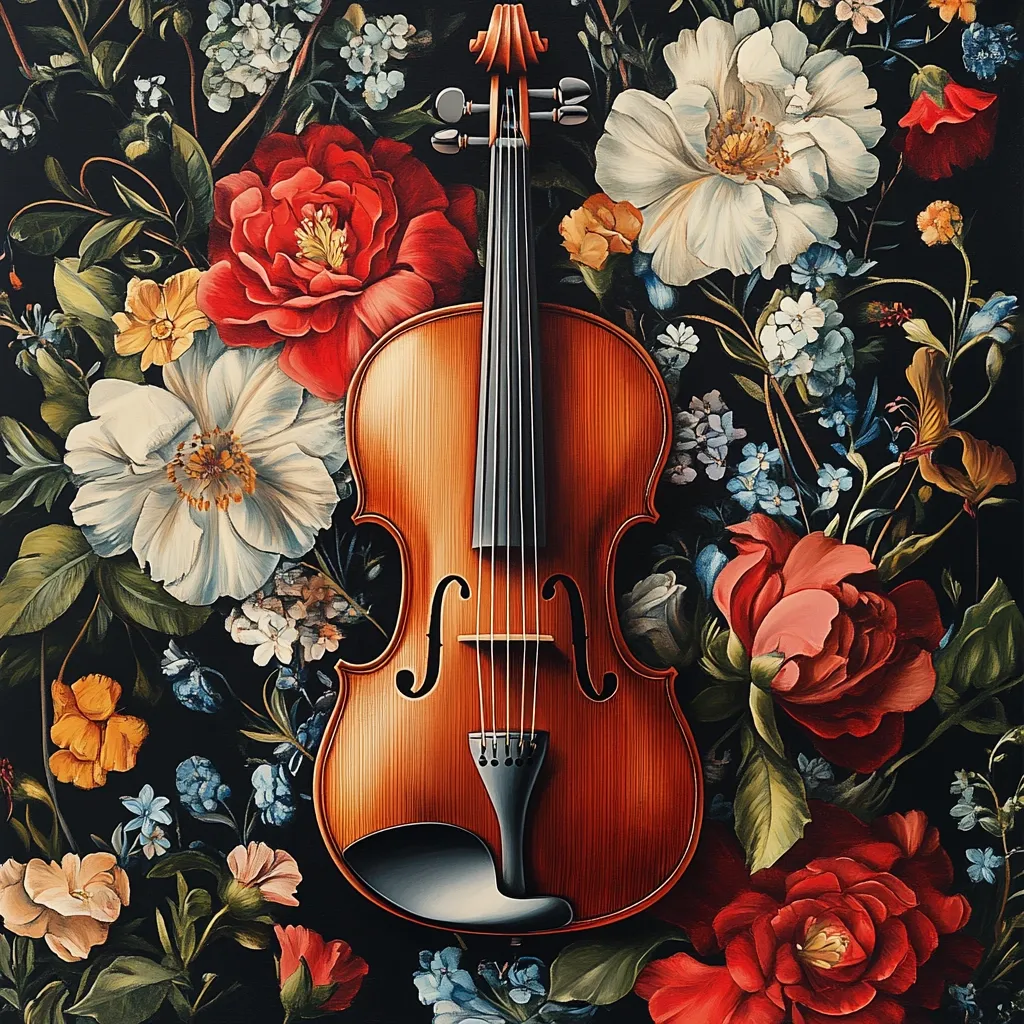 A violin rests amidst a vibrant profusion of flowers. The richly colored blossoms, including red roses, white anemones, and smaller blue and yellow blooms, create a dark, romantic backdrop. The violin's warm brown tones contrast beautifully with the deep greens and rich colors of the floral arrangement, creating a visually stunning still life. The painting’s style is highly realistic, with meticulous detail in both the instrument and the flowers.
