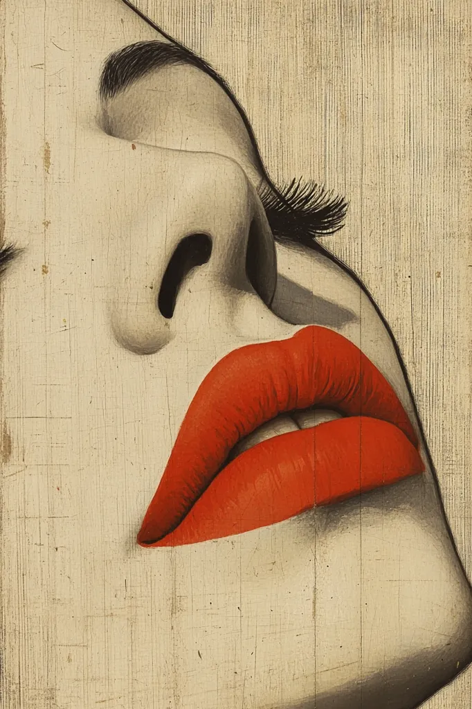 The artwork is a close-up, stylized portrait of a woman's face.  Her eyes are closed, and her expression is one of sensual relaxation.  The focus is on her full, vibrant red lips and the subtle shading around her nose and eyes. The style is reminiscent of a graphic novel or illustration, with a textured background that appears to be painted on wood or canvas. The color palette is muted, contrasting the bold red of the lips against the beige tones of the face and background. The overall effect is both striking and alluring.