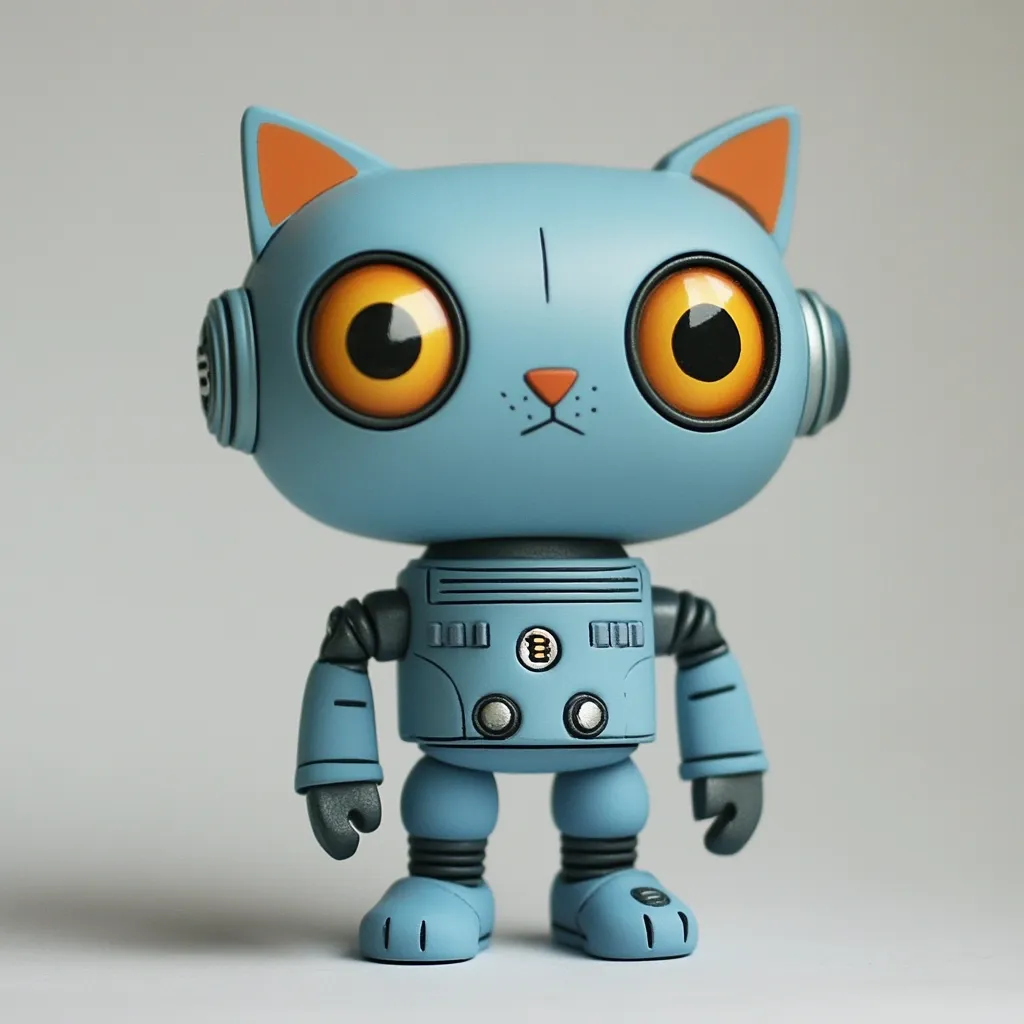 Here's a description of the image:

The image shows a close-up of a collectible toy robot designed in the shape of a cat.  The robot is light blue with orange ears, large, expressive yellow eyes, and a slightly grumpy facial expression. Its body features simplistic robotic details, including segmented arms and legs, and a chest panel with small, circular buttons. The overall style is cute yet somewhat retro or steampunk-inspired.  The toy is positioned centrally against a plain light grey background.