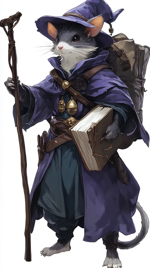 Here's a description of the image:

The illustration depicts an anthropomorphic mouse wizard.  It wears a long purple robe, a pointed purple hat, and carries a wooden staff.  A large, strapped book is held in its paws, and a satchel is slung across its back.  The mouse has a grey body, white chest fur, and small, clawed feet.  The overall style is reminiscent of fantasy artwork, with meticulous detail in the clothing and accessories. The mouse's expression is pleasant and somewhat scholarly.