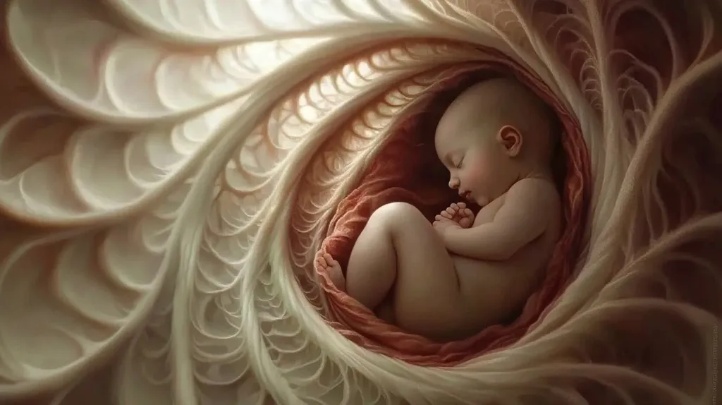 The image depicts a newborn baby peacefully sleeping, curled into a fetal position.  The infant is nestled within a swirling, organic structure resembling a womb or shell, rendered in soft, cream and rose-toned hues.  The intricate, almost fractal-like detail of the surrounding form creates a visually striking and ethereal contrast to the delicate vulnerability of the baby.  The overall effect is one of both fragility and profound beauty, suggesting themes of birth, new life, and the wonder of creation.