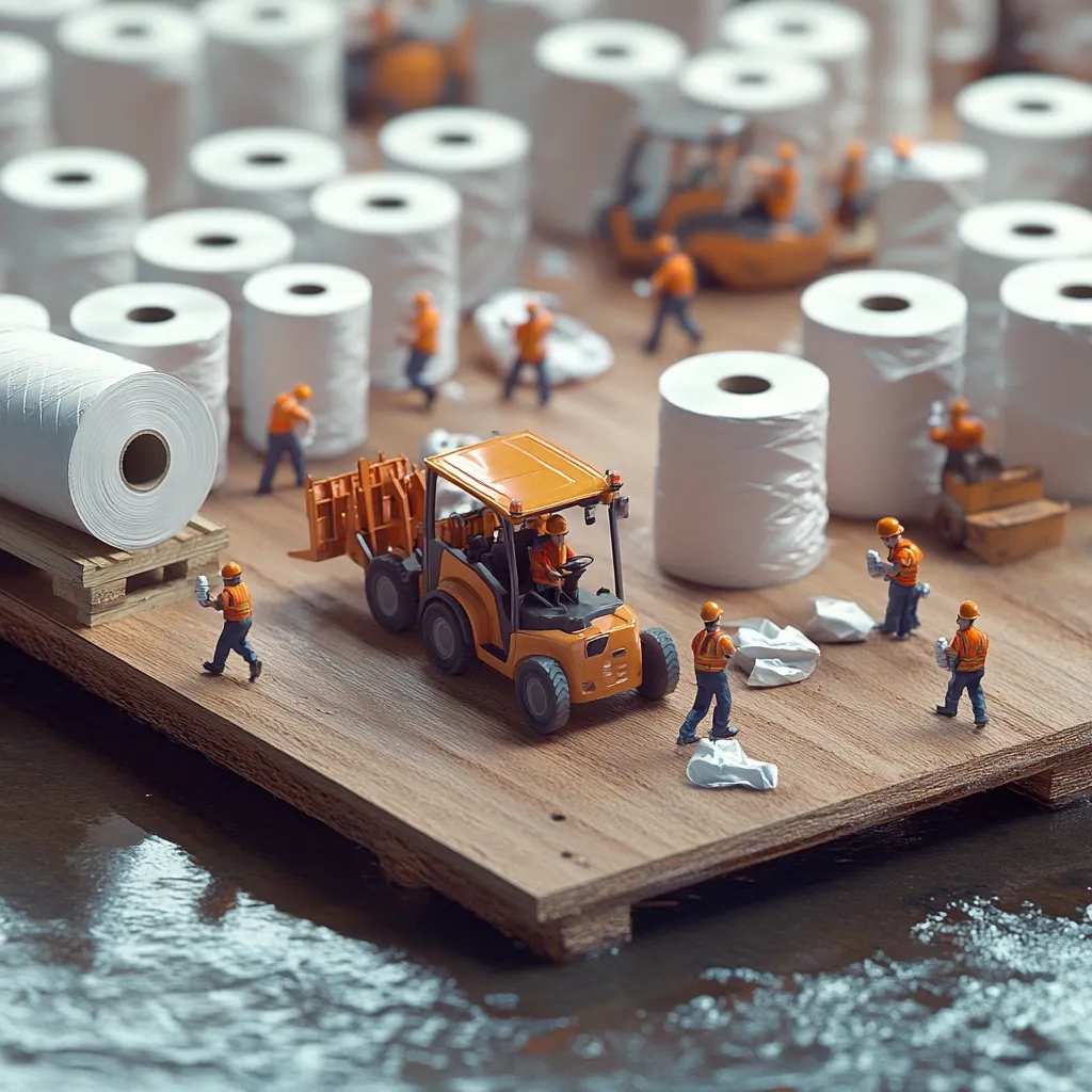 A miniature scene depicts a bustling toilet paper factory.  Tiny workers in orange hard hats operate small forklifts and manually handle rolls of toilet paper, moving them across a wooden platform.  Numerous rolls of toilet paper are stacked and scattered around the area, some appearing to be damaged or discarded. The overall image is highly detailed and playful, creating a humorous contrast between the mundane task and the miniature scale.  The setting suggests a playful commentary on the high demand for toilet paper.