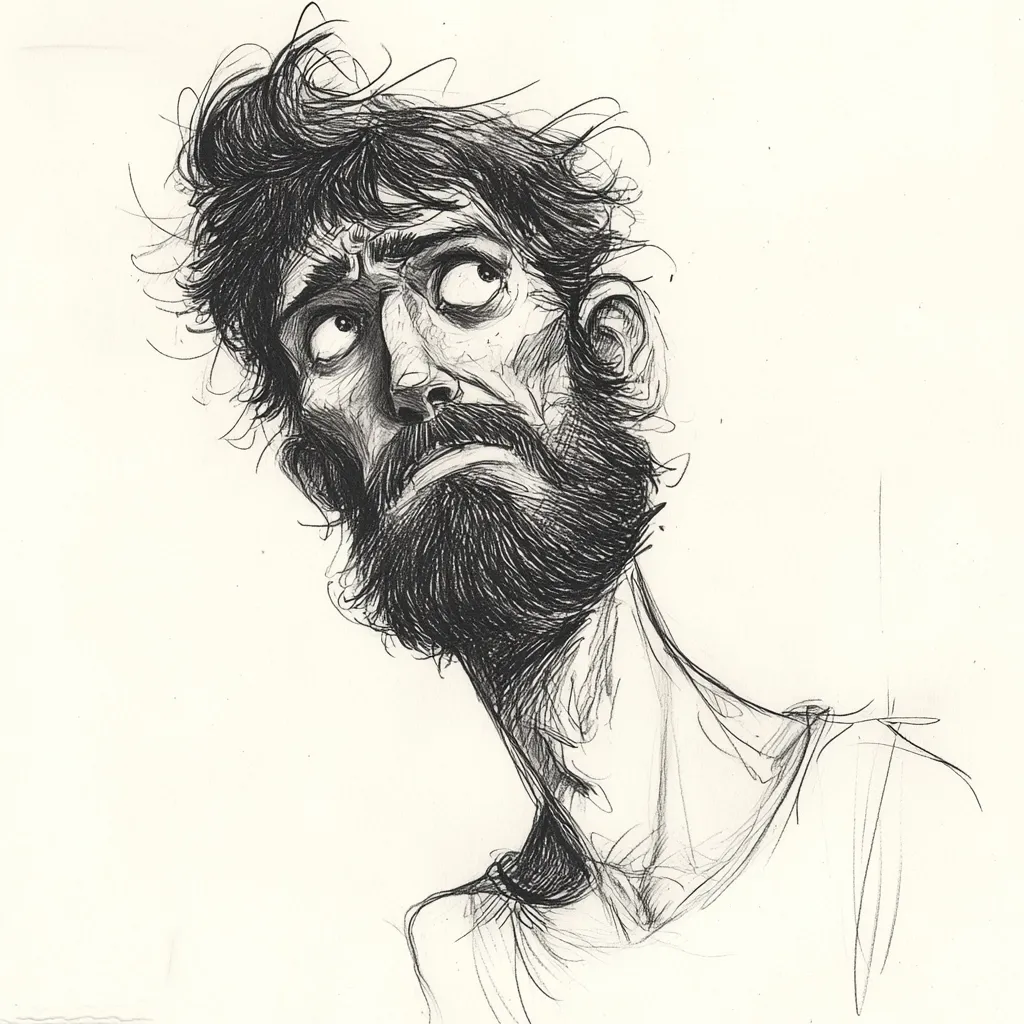 Here's a description of the image:

The drawing is a black and white sketch of a man's head and shoulders.  He has a thick, somewhat unkempt beard and wild, tousled hair. His expression is one of weariness or contemplation, his eyes wide and slightly vacant.  The man's neck is long and slender, leading down to his shoulders, and he appears to be wearing a simple, loose-fitting shirt. The style is expressive and somewhat loose, with visible pen strokes contributing to a sense of texture and movement. The overall mood is pensive and slightly melancholic.