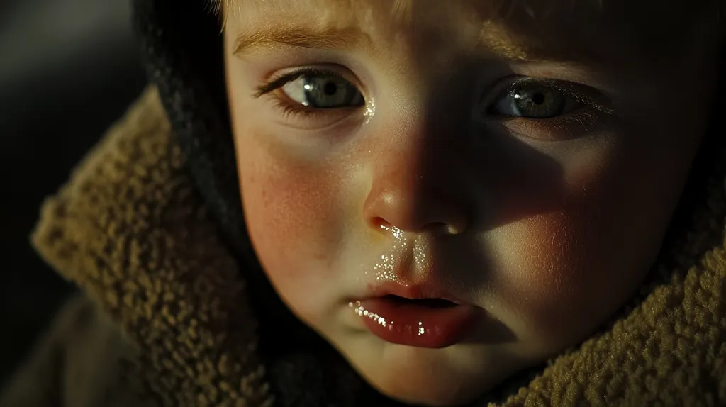 Close-up shot of a toddler's face, partially obscured by a brown, fuzzy hooded garment. The child's cheeks are rosy, and a bit of snot is visible on their nose.  Their eyes, a striking shade of green, are partially shadowed. The overall mood is one of quiet contemplation or perhaps slight discomfort.  The lighting emphasizes the texture of the child's skin and the fabric of their clothing, creating a dramatic effect.