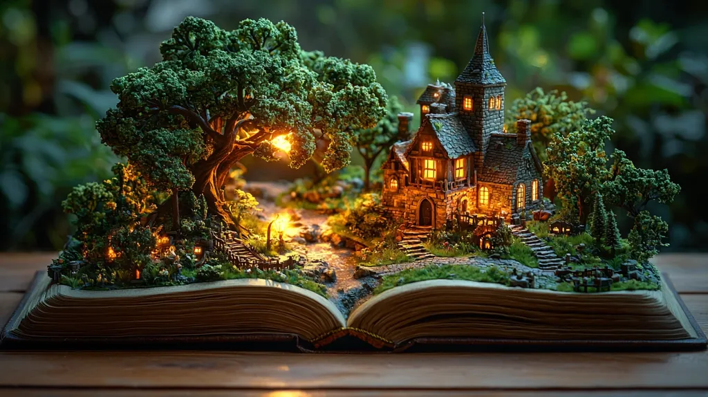 A meticulously crafted miniature scene unfolds within the pages of an open book.  A charming stone cottage, glowing warmly from within, sits nestled amongst lush miniature trees and foliage.  A small stream meanders through the landscape, leading towards the cottage.  The overall ambiance is enchanting and whimsical, like a fairy tale brought to life, complete with tiny pathways and ambient lighting. The scene is set against a softly blurred background of natural greenery.