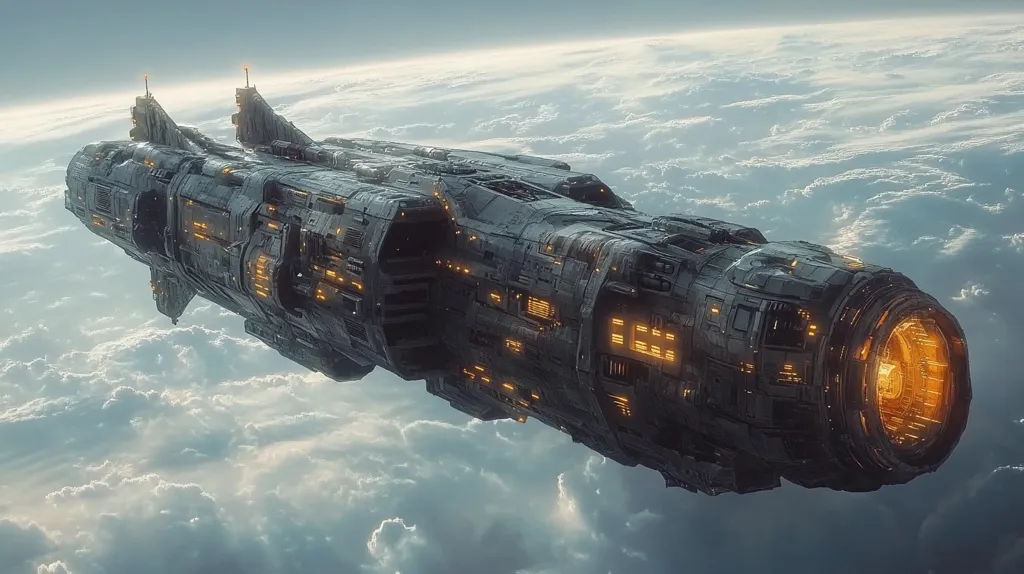 A large, dark grey spaceship, possibly a mothership, floats above a cloudy planet.  Its design is complex and futuristic, with numerous details and glowing orange lights along its length. The ship's engine, at the rear, emits an intense orange glow.  The atmosphere is serene, the clouds forming a soft backdrop to the imposing spacecraft. The image suggests a science fiction setting, evoking themes of space travel and exploration.