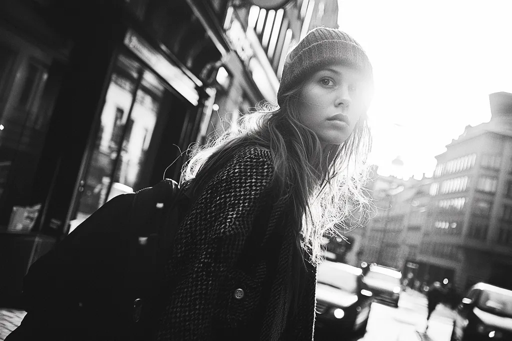 A young woman, wearing a knit beanie and textured jacket, stands on a city street, bathed in sunlight. Her long hair flows around her shoulders as she looks over her shoulder.  She carries a backpack. The background is blurred, showing urban architecture and passing cars, creating a stark contrast between the sharp focus on the woman and the hazy city backdrop. The monochrome palette enhances the mood of the photograph.