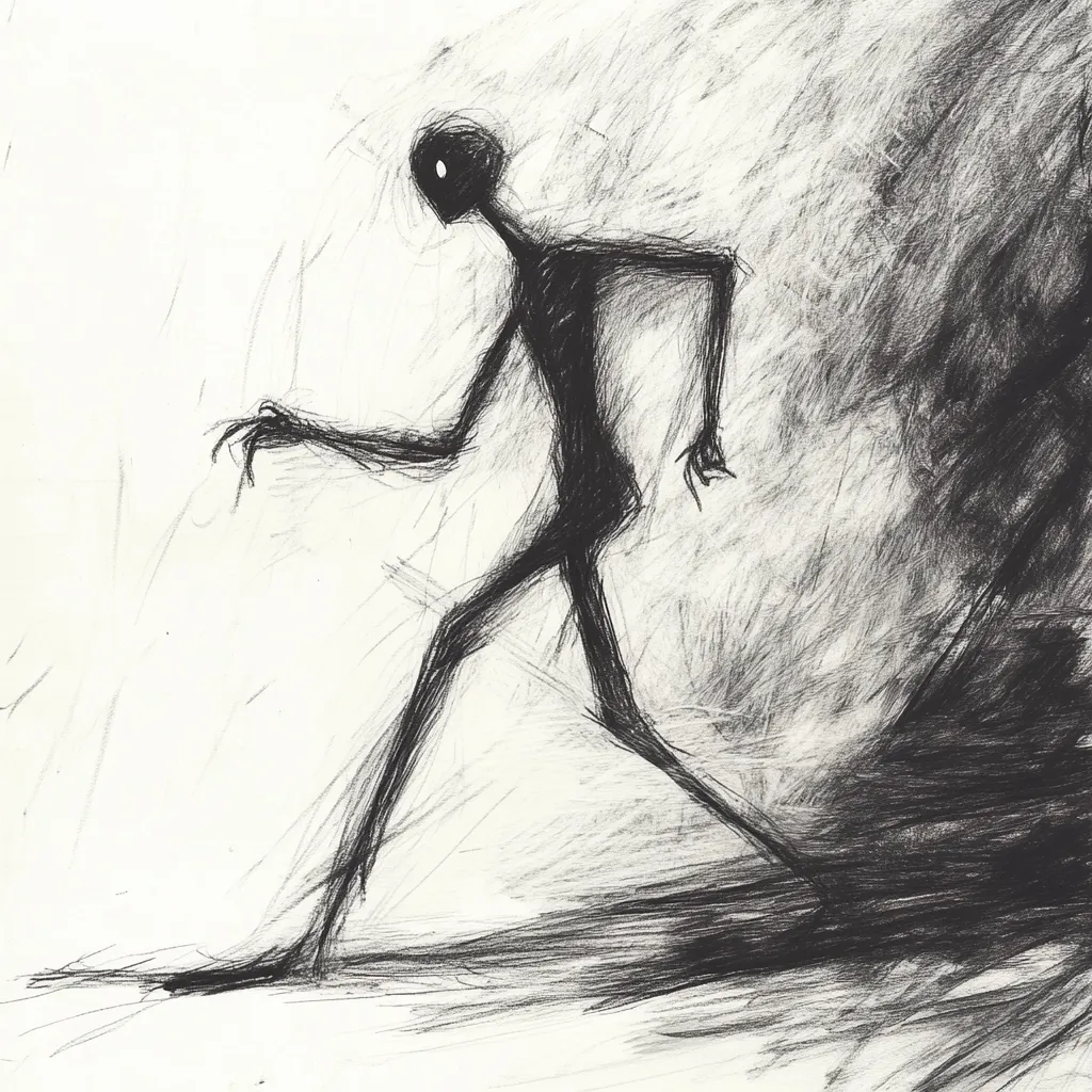 The sketch depicts a shadowy, elongated figure walking towards a darker area.  Drawn in charcoal, the style is expressive and somewhat unsettling. The figure is vaguely humanoid but lacks detailed features, contributing to its mysterious and slightly monstrous appearance. The heavy shading and gestural lines suggest movement and a sense of unease or foreboding.  The contrast between the lighter background and the dark figure and shadow emphasizes the figure's isolation and journey into darkness.