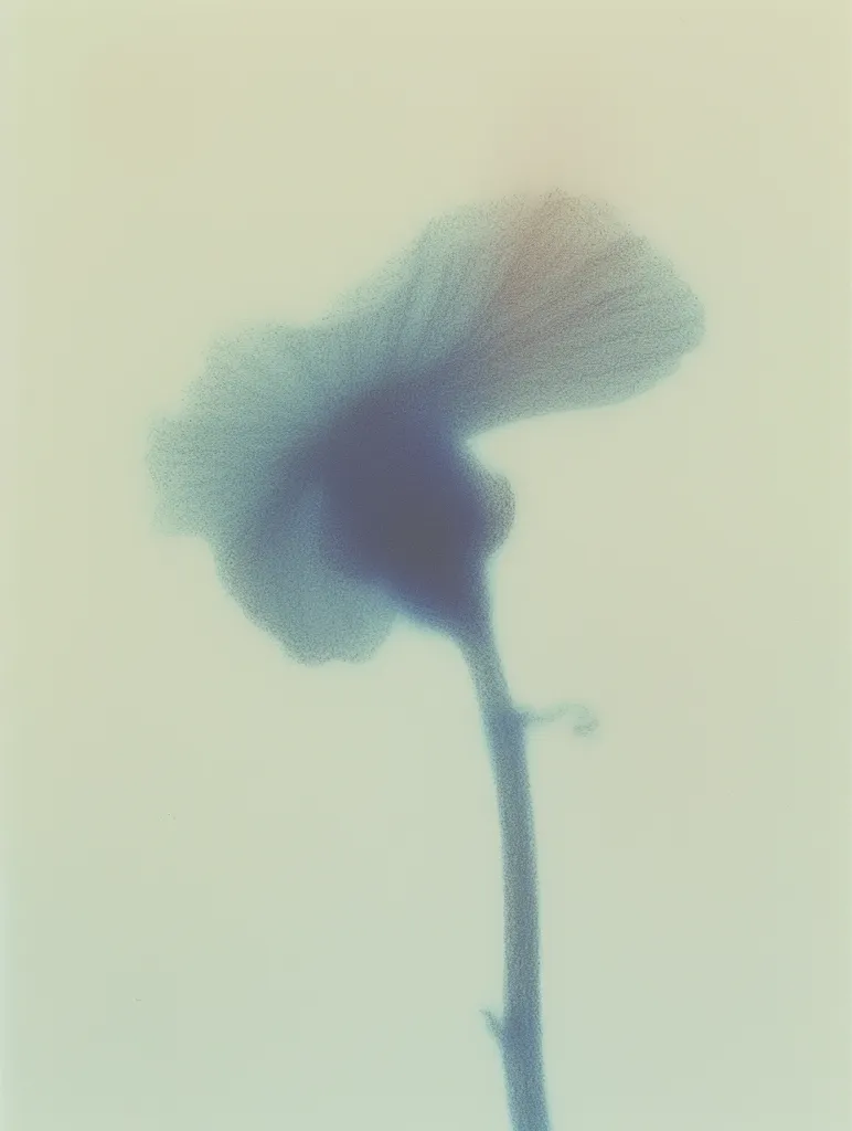 The image is an abstract depiction of a single flower.  The style is reminiscent of a soft, muted watercolor or pastel drawing.  The flower's bloom is rendered in shades of muted blue and grey, appearing almost ethereal and slightly out of focus.  The stem is a darker, more defined line extending from the bloom to the bottom of the frame. The background is a pale, almost beige color, providing a stark contrast to the flower's muted hues. The overall impression is one of delicate beauty and serenity.