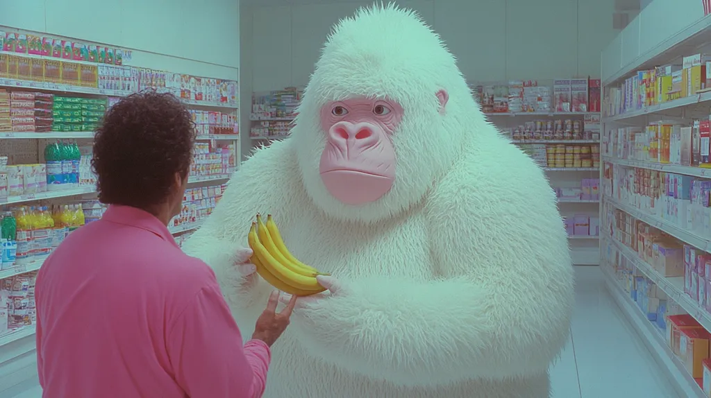 A man in a pink shirt stands in a brightly lit grocery store aisle, facing a large, fluffy white gorilla costume.  The gorilla holds out a bunch of bananas. The store shelves are stocked with various products. The scene has a surreal, almost dreamlike quality due to the unusual subject matter and the soft, pastel color palette. The overall impression is one of unexpected and gentle humor.
