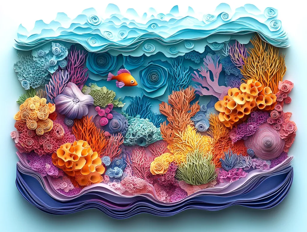 Here's a description of the image:

A vibrant, intricate paper sculpture depicts an underwater coral reef scene.  Layered paper forms create a variety of coral shapes and colors—orange, pink, purple, and yellow—with textured details.  A single orange fish swims near the center.  The water is represented by layered, wavy paper in shades of blue, subtly contrasting with the reef below.  The overall effect is a three-dimensional, highly detailed artwork that showcases exceptional craftsmanship and attention to detail.