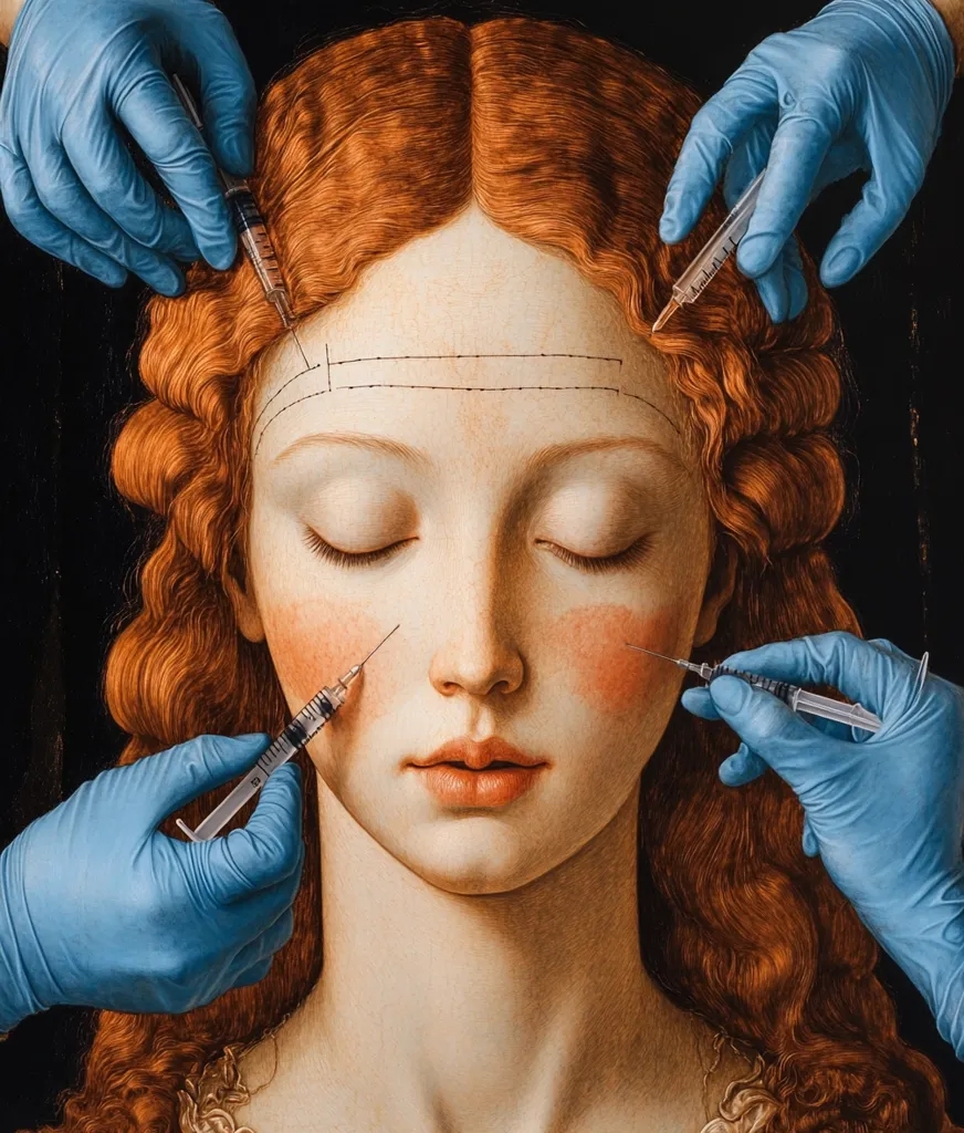 The artwork depicts a young woman with flowing auburn hair, her eyes closed serenely.  Her face is marked with faint lines, seemingly indicating points for injections.  Several hands in blue surgical gloves administer injections to her forehead and cheeks with syringes.  The style is reminiscent of Renaissance portraiture, creating a jarring juxtaposition between classical beauty and modern cosmetic procedures.  The image comments on the contemporary pursuit of idealized beauty and the artificial enhancement of appearance.