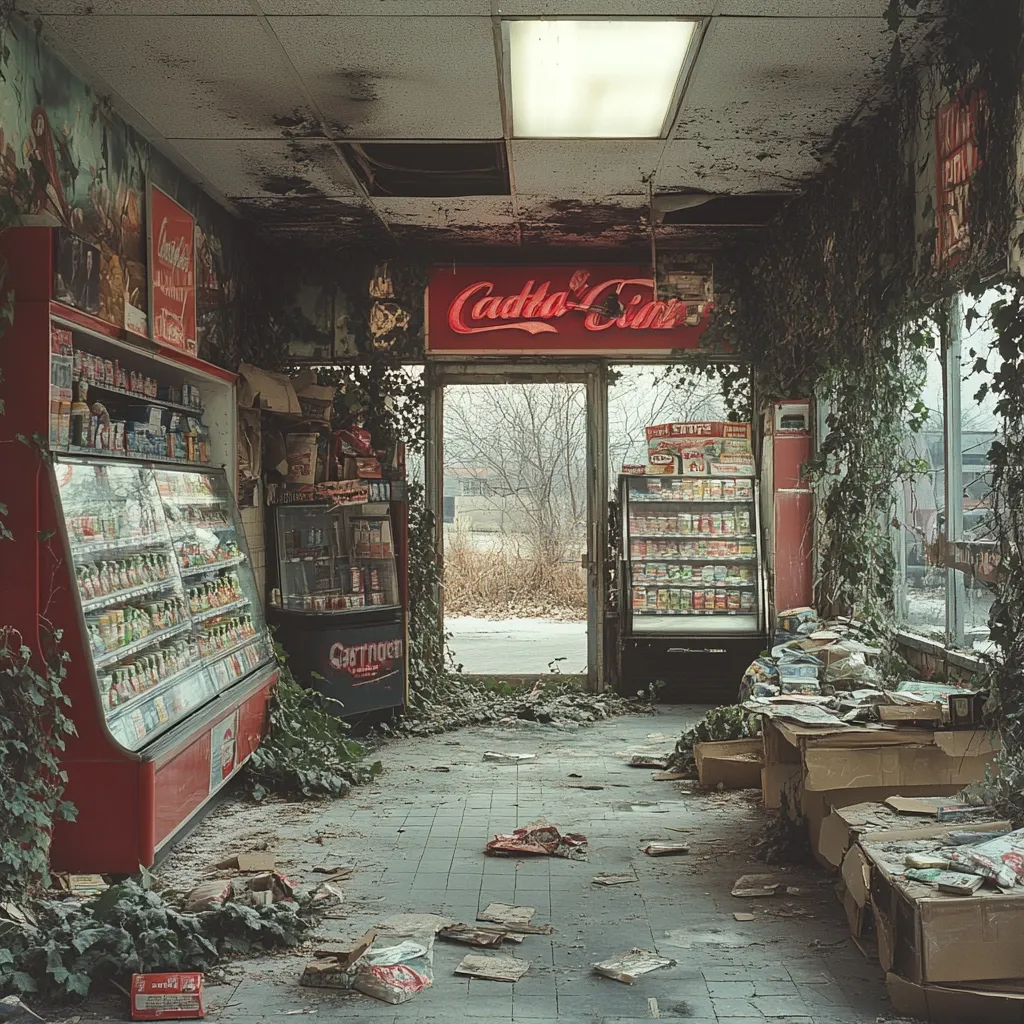 An abandoned convenience store, reclaimed by nature, is shown.  Ivy climbs the walls and shelves, obscuring faded Coca-Cola signage.  Decayed shelving units hold remnants of stock, amidst scattered debris and dust.  Natural light filters through the dusty windows, revealing a bleak, overgrown landscape beyond.  The scene evokes a sense of forgotten time and quiet ruin. The overall mood is one of somber beauty and decay.
