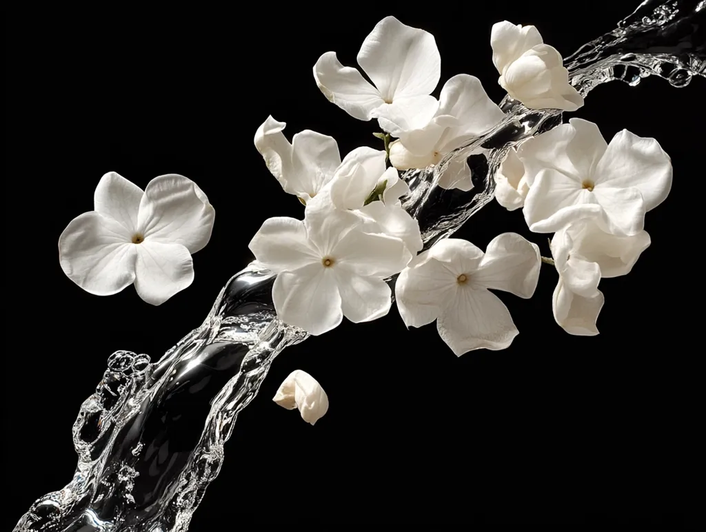 Here's a description of the image:

Against a stark black background, a dynamic splash of water arcs gracefully.  Several delicate white flowers, possibly phlox or a similar variety, are caught in the water's current. Some flowers are submerged, others are flung outwards, creating a sense of motion and fluidity. The contrast between the pure white blossoms and the dark backdrop emphasizes the water's transparency and the flowers' ethereal beauty.  One detached flower floats separately below the main cluster, adding to the overall feeling of lightness and movement.