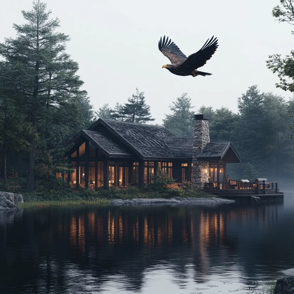Here's a description of the image:

A secluded, dark-wood cabin sits on the edge of a still lake, nestled amongst a dense evergreen forest. Warm interior lighting glows from its large windows, creating a cozy contrast against the misty, twilight atmosphere. A majestic eagle soars overhead, its wings outstretched in graceful flight. The scene is peaceful and serene, evoking a sense of tranquility and remote wilderness. The lake's surface reflects the cabin and the surrounding trees, mirroring the scene in a calm, tranquil image.