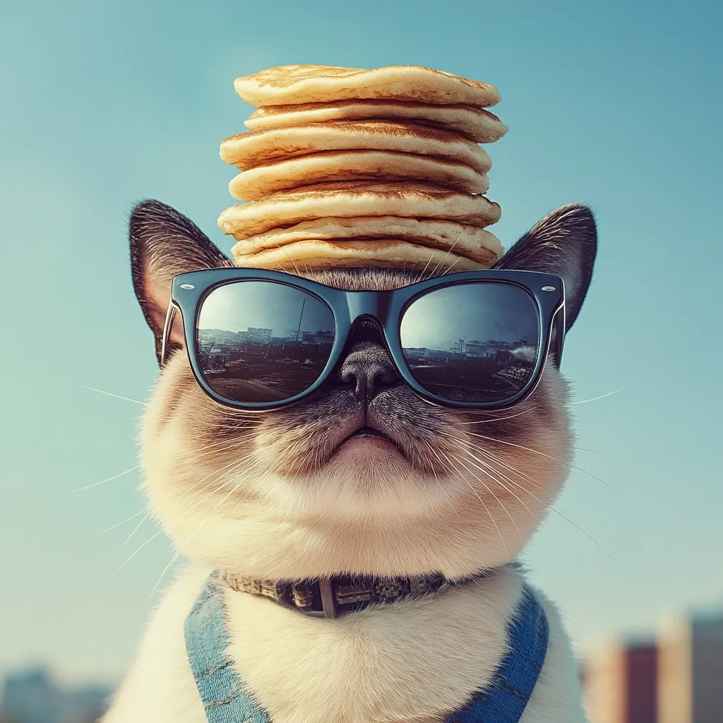 Here's a description of the image:

A light beige cat, possibly a Siamese, is the focal point of the image.  It wears large, dark sunglasses reflecting a cityscape.  A stack of golden-brown pancakes sits perfectly balanced atop its head. The cat has a calm, almost smug expression. It's wearing a small, dark collar and a hint of a denim-like vest is visible. The background is a clear, bright blue sky with out-of-focus buildings in the lower right corner. The overall style is whimsical and slightly humorous.