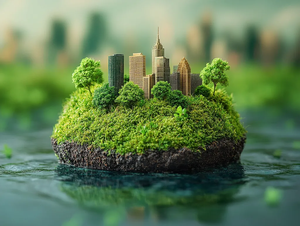 A miniature cityscape sits atop a lush, green, moss-covered island floating on calm water.  Several small trees sprout from the island, contrasting with the model buildings.  The background is blurred, showing a soft green landscape suggesting a natural, idyllic setting. The image conveys a concept of sustainable urban development or a harmonious blend of nature and city life.