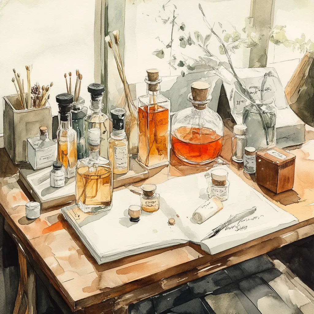 A watercolor painting depicts a wooden table bathed in sunlight, cluttered with various glass bottles and jars containing amber and orange liquids.  Small vials and a sketchbook with a pen rest amongst them. Dried flowers in a vase and paintbrushes in a container add to the artistic ambiance. The overall style is soft and dreamy, with muted warm tones dominating the scene. The light suggests a peaceful, possibly creative workspace.