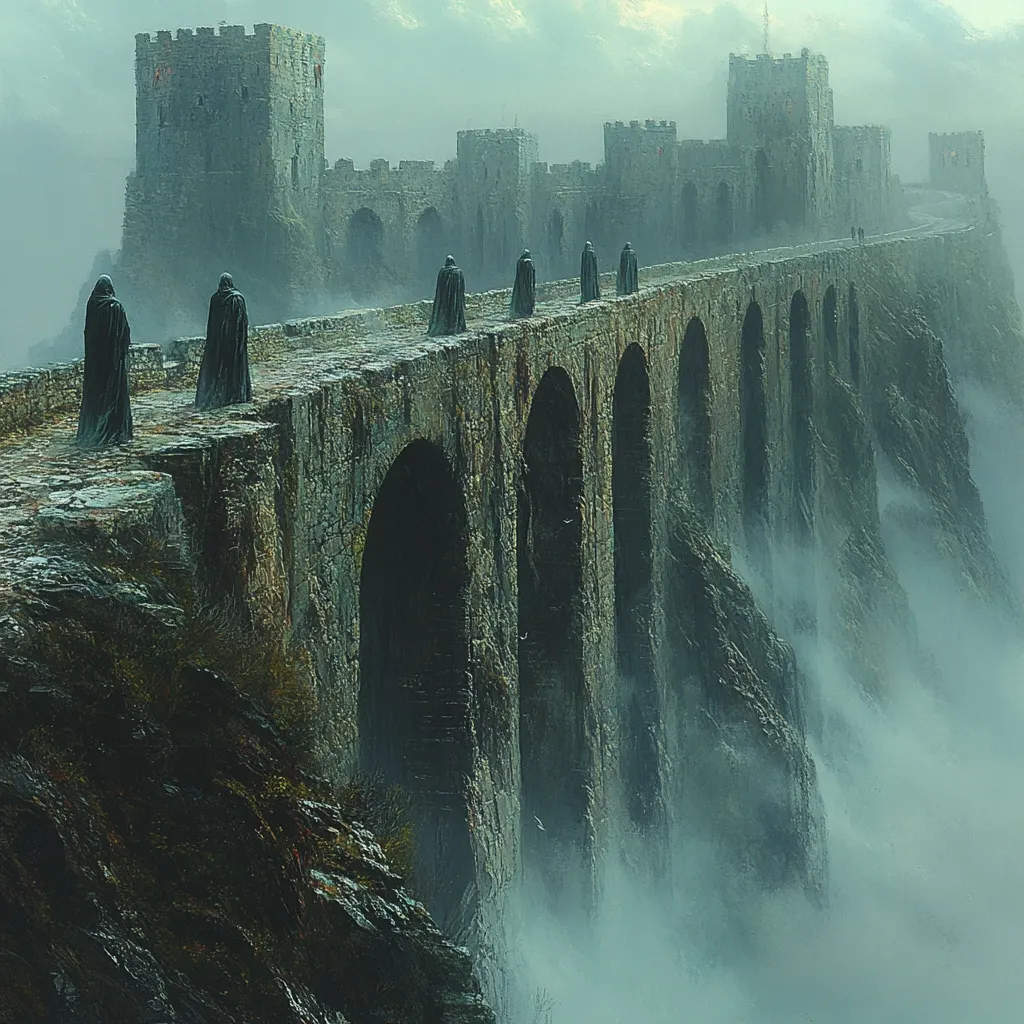 A long, arched stone bridge stretches from a foreboding, cliffside castle into a misty, ethereal landscape.  Figures cloaked in dark robes walk along the bridge, their forms barely visible in the swirling fog. The ancient castle, with its weathered stone and crenellated walls, dominates the scene, perched precariously high above the clouds.  The overall atmosphere is one of mystery and isolation, creating a sense of foreboding and ancient secrets.