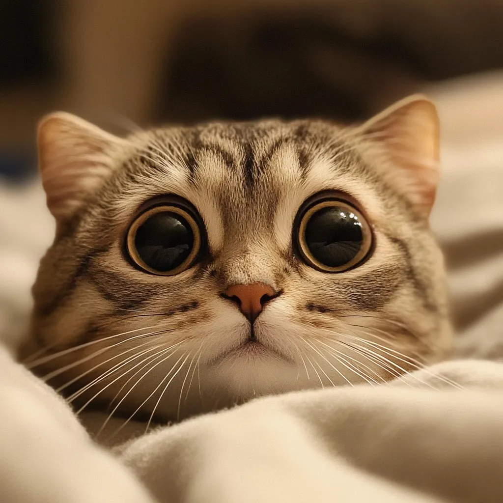 Here's a description of the image:

Close-up view of a short-haired cat, possibly a Scottish Fold, with strikingly large, round eyes. Its fur is a tabby pattern of brown and gray.  The cat's face is the focal point, filling most of the frame. Its expression is curious and slightly surprised. The cat appears to be nestled in light-colored bedding, only its head and upper chest visible. The background is blurred, drawing attention solely to the cat's expressive features. The overall image is soft and warm in tone.