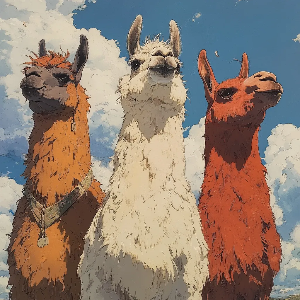 Three llamas stand against a vibrant blue sky dotted with fluffy white clouds.  The llama on the left has reddish-brown fur and wears a decorative collar with a medallion. The central llama is creamy white, and the llama on the right is a rich, burnt orange.  Their expressions are calm and they appear to be standing proudly. The style is illustrative, with visible brushstrokes contributing to a textured effect.