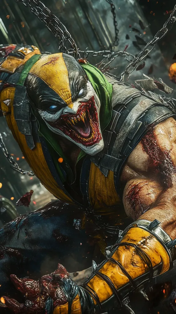 A terrifying, scarred figure dominates the image.  He resembles a monstrous clown, with a jagged, fanged grin and piercing eyes.  His costume is a blend of yellow and dark teal, ripped and bloody, hinting at a violent struggle. Chains are intertwined around him, adding to the chaotic scene. The background is dark and indistinct, focusing attention on the gruesome detail of the character’s face and battered body. The overall aesthetic is gritty and violent.