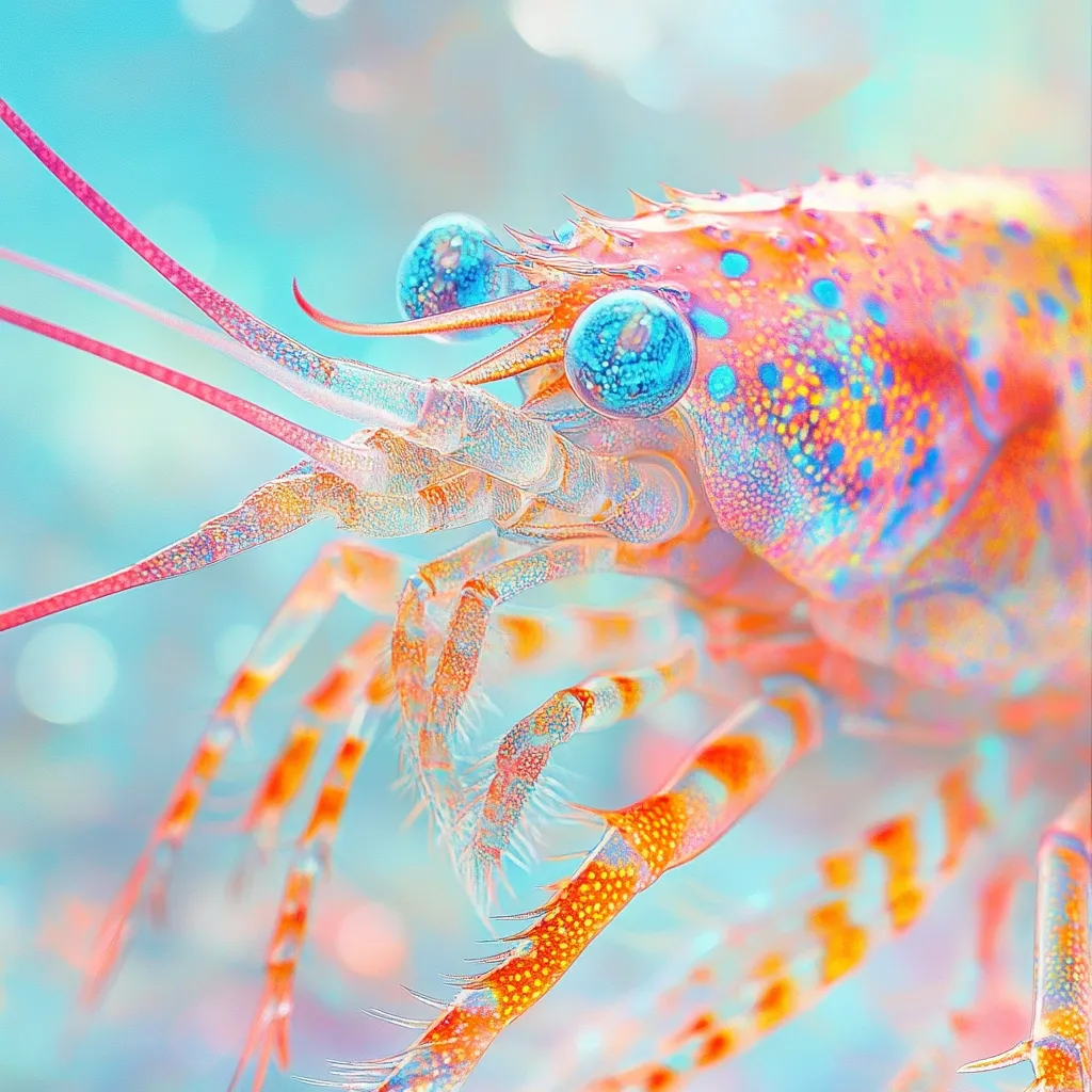 Close-up view of a vibrant, translucent shrimp. Its body is a blend of orange, pink, and turquoise, speckled with tiny dots of color.  Large, bright blue eyes are prominent.  The shrimp's delicate legs and antennae are intricately detailed, appearing almost crystalline. The background is a soft, blurred aqua, creating a dreamy, underwater effect. The overall impression is one of surreal beauty and delicate detail.
