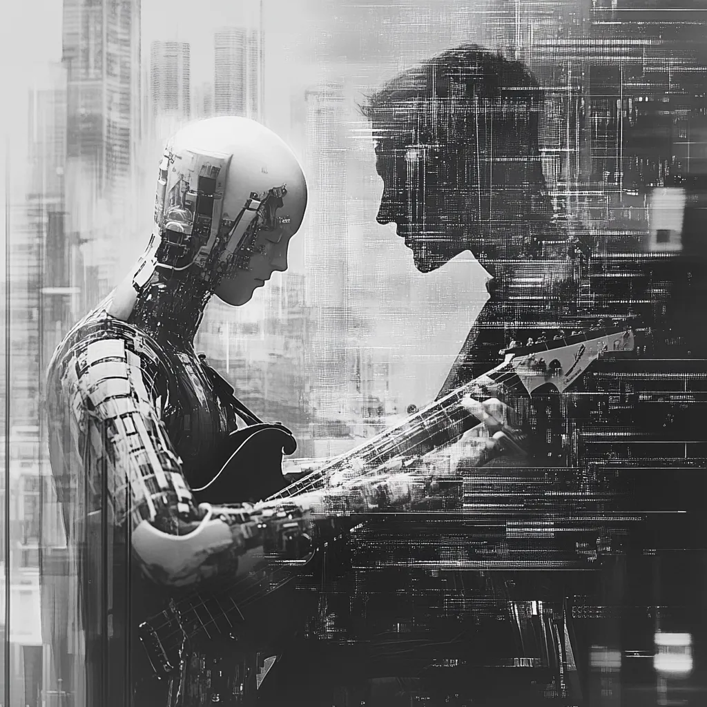 A monochromatic digital artwork depicts a robot and a human, seemingly a man, playing guitar together. The robot, detailed and mechanical, is positioned to the left, its features clearly visible. The human, on the right, is partially transparent, overlaid with a digital texture resembling data streams or code.  The backdrop is a blurred cityscape, suggesting a futuristic setting. The image blends organic and artificial elements, creating a sense of collaboration or symbiosis between humanity and technology. The overall mood is contemplative and somewhat melancholic.