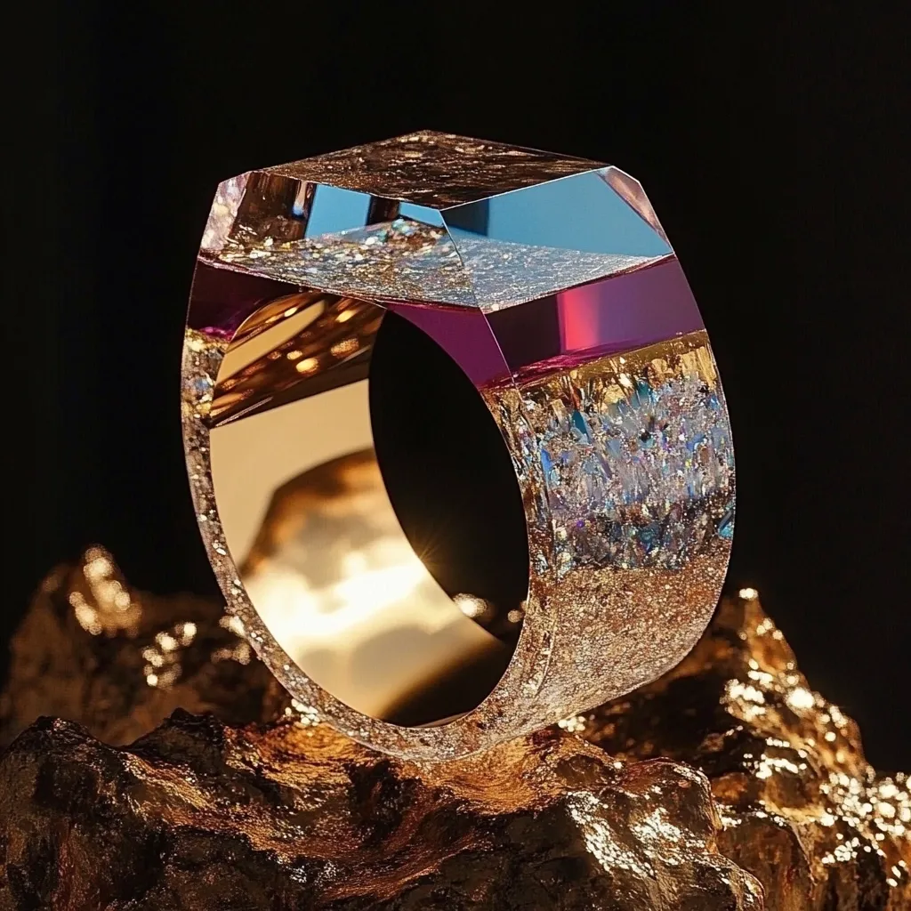 A striking resin ring rests on a rough, gold-toned rock.  The ring's face is a multi-layered masterpiece, featuring a transparent top layer, a vibrant purplish-red section, and a base embedded with shimmering gold and iridescent particles.  The light catches the resin, creating a dazzling effect, showcasing its depth and intricate details. The overall aesthetic is luxurious and artistic, highlighting the unique craftsmanship of the piece.