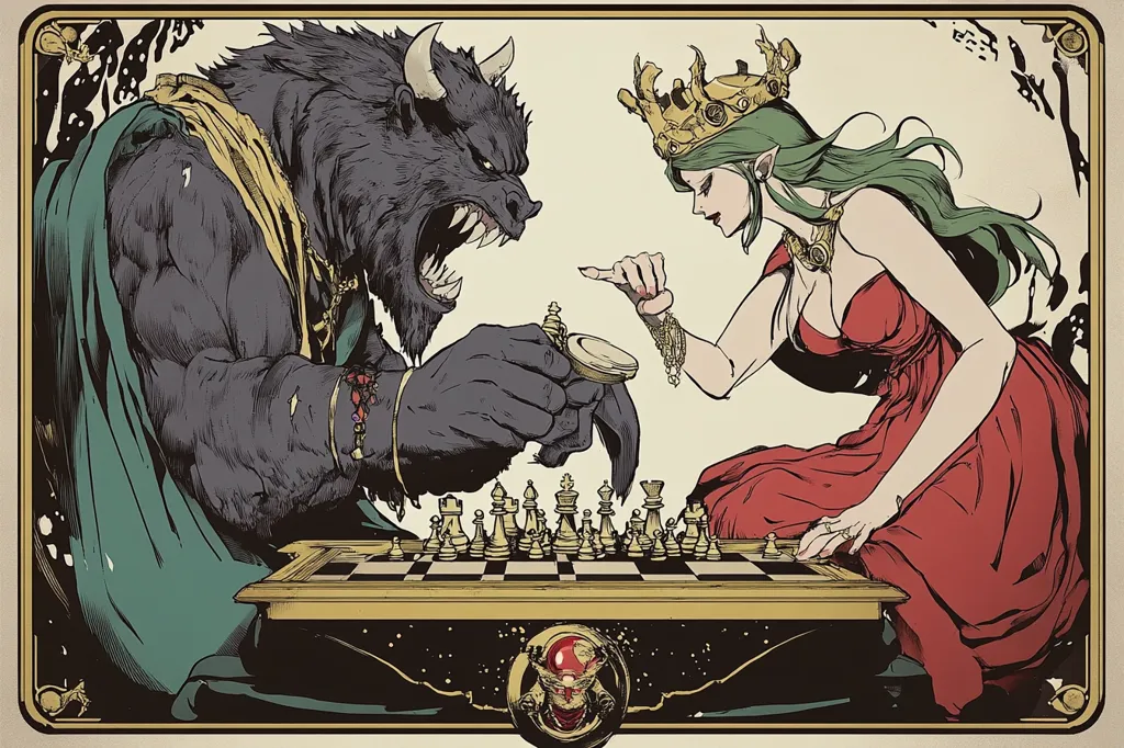 A stylized illustration depicts a chess match between a monstrous, horned, dark-furred creature and an elegant, crowned queen in a red gown.  The minotaur-like figure, clad in a dark green robe, focuses intently on the game.  The queen, with long green hair and a golden crown, displays a subtle, yet powerful demeanor.  The chessboard is central, set against a richly detailed, vintage-style frame. The overall tone is a dramatic blend of fantasy and classic art.