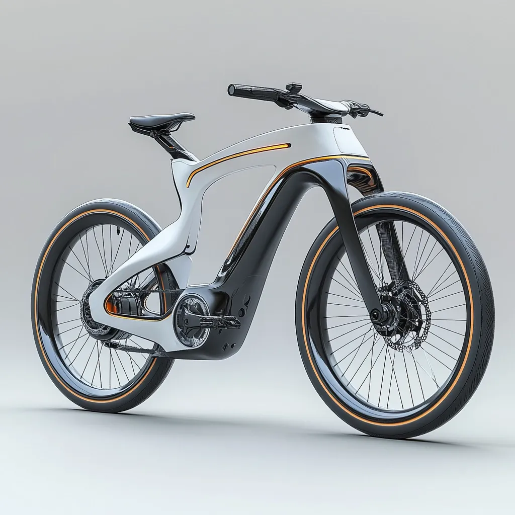 The image shows a futuristic e-bike design.  Its sleek, aerodynamic frame is primarily white with black accents and subtle gold highlights.  Large, thick tires with black rims and thin gold lines suggest a focus on both style and stability.  The bike's minimalist design features a low profile and integrated components, hinting at advanced technology and possibly electric power assistance. The overall aesthetic is modern, clean, and sophisticated.