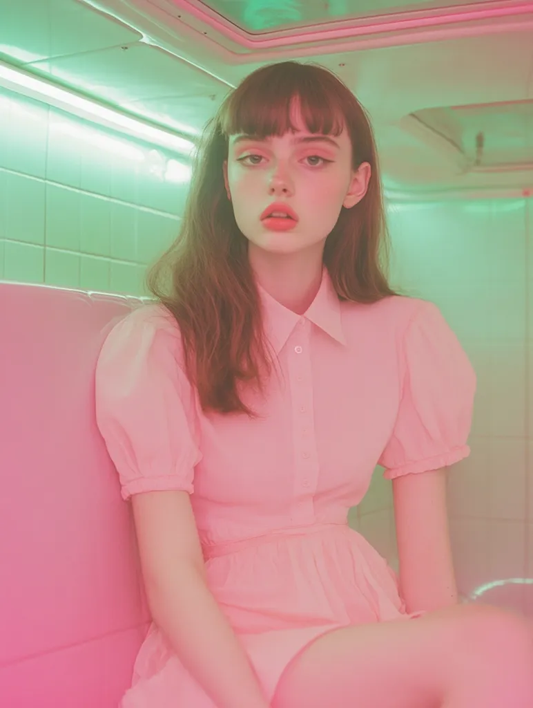 Here's a description of the image:

A young woman with straight brown bangs and shoulder-length hair sits in a pale pink, retro-style setting bathed in neon pink and green light. She wears a light pink, short-sleeved collared dress with puff sleeves. The dress has a cinched waist and a slightly flared skirt.  Her expression is serene, almost pensive, and she gazes directly at the viewer. The overall aesthetic is dreamy and slightly surreal, reminiscent of 1980s or 1990s fashion photography. The tiled walls and the overhead lighting suggest an interior location, possibly a bus or train.
