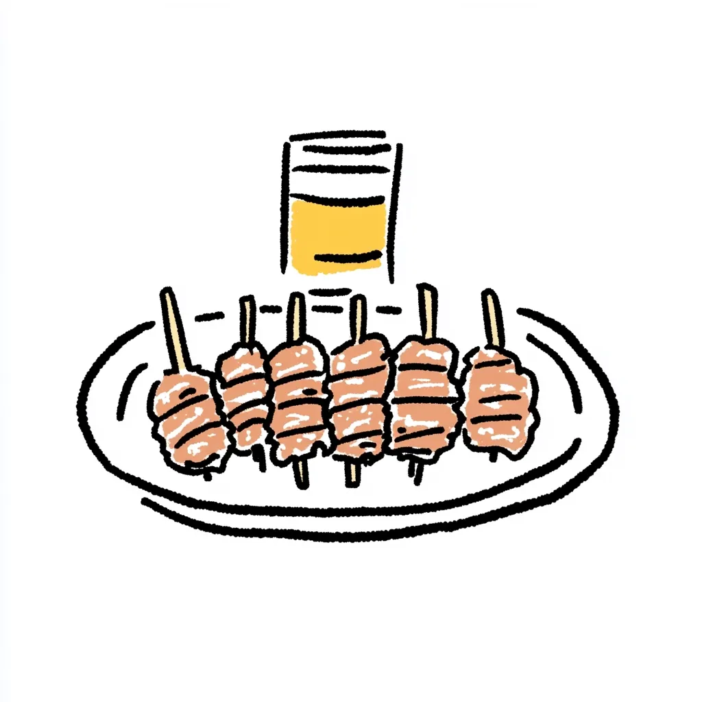 A simple, hand-drawn illustration depicts six yakitori skewers arranged on a plate.  The skewers are light brown, suggesting cooked meat, and have a slightly textured appearance. A small, yellow container, possibly a sauce or drink, sits above the plate. The style is childlike, with bold outlines and slightly uneven coloring. The overall impression is one of a casual, appetizing snack or meal.