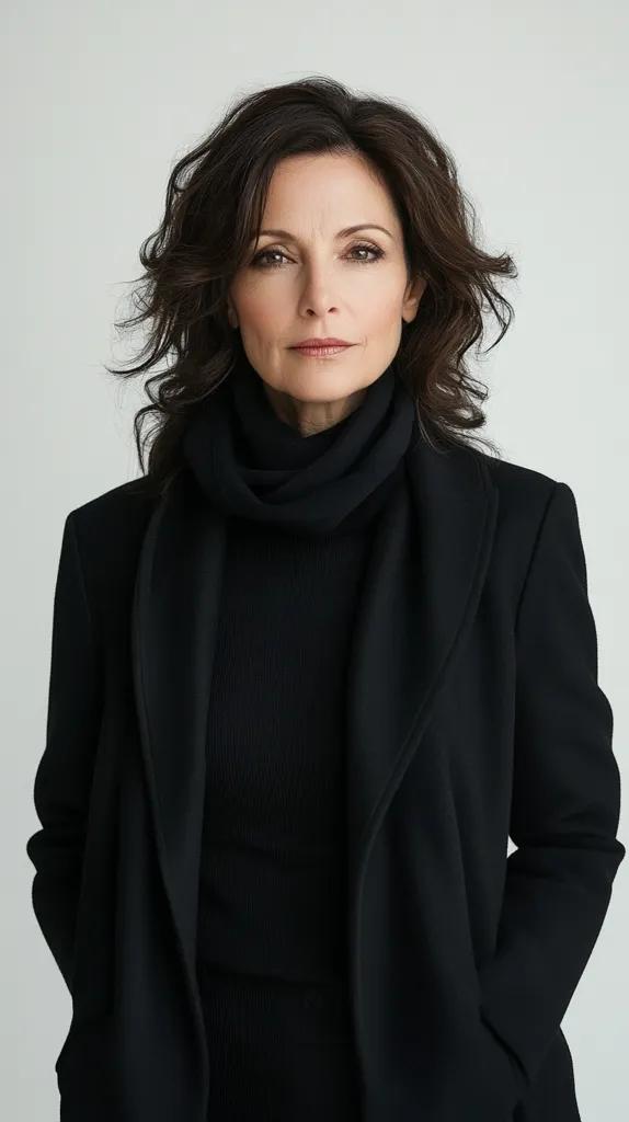 A woman with shoulder-length, wavy dark brown hair is captured in a professional headshot. She's dressed in an all-black ensemble: a turtleneck sweater layered under a long, open black coat with a wide collar.  Her expression is serious and composed, her gaze directly meeting the camera. The backdrop is a plain, light gray, drawing focus to the subject. The overall image conveys a sense of sophistication and elegance.