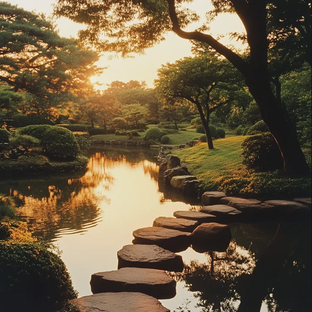 Golden hour bathes a serene Japanese garden.  A tranquil pond reflects the warm sunset light, its surface undisturbed save for gentle ripples. Stepping stones create a path across the water, leading towards a lush landscape of meticulously manicured shrubs and trees.  The scene exudes peace and tranquility, a perfect embodiment of nature's harmony.  Large, shadowy trees frame the scene, their branches reaching towards the setting sun.