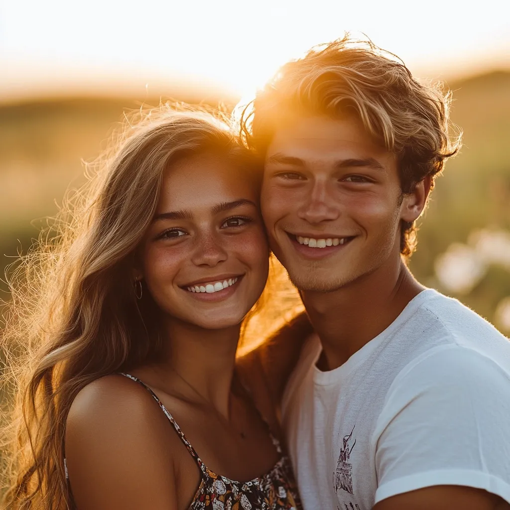 Bathed in the warm glow of sunset, a young couple stands close, their faces illuminated.  The woman, with long, wavy brown hair, smiles radiantly, her freckles visible.  The man, with sun-kissed blonde hair, also smiles broadly, his arm gently around her. They are embracing, creating a picture of youthful love and happiness against a softly blurred natural backdrop. The overall mood is one of carefree joy and intimacy.