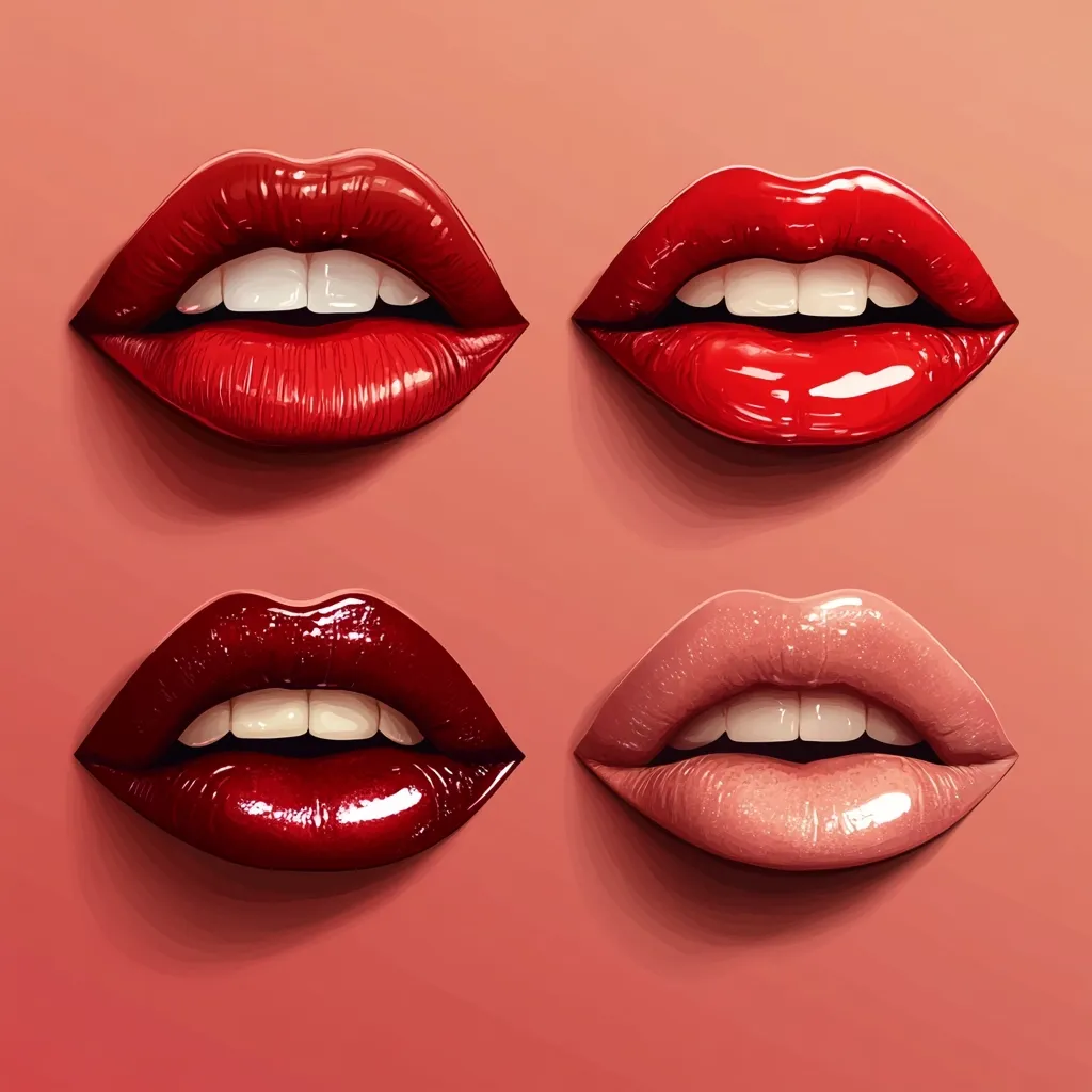 Here's a description of the image:

The image showcases four pairs of meticulously rendered lips, each exhibiting a distinct shade and sheen.  The top left and top right lips are vibrant red, with a glossy finish, creating a bold and saturated look.  The bottom left lips share a similar glossy texture but in a deep, dark maroon.  In contrast, the bottom right pair shows a softer, lighter nude pink, with a glossy appearance. All lips feature bright white, evenly spaced teeth.  The lips are set against a muted, pinkish-coral background, emphasizing their rich colors and textures. The overall style suggests a digitally created, high-fashion aesthetic.