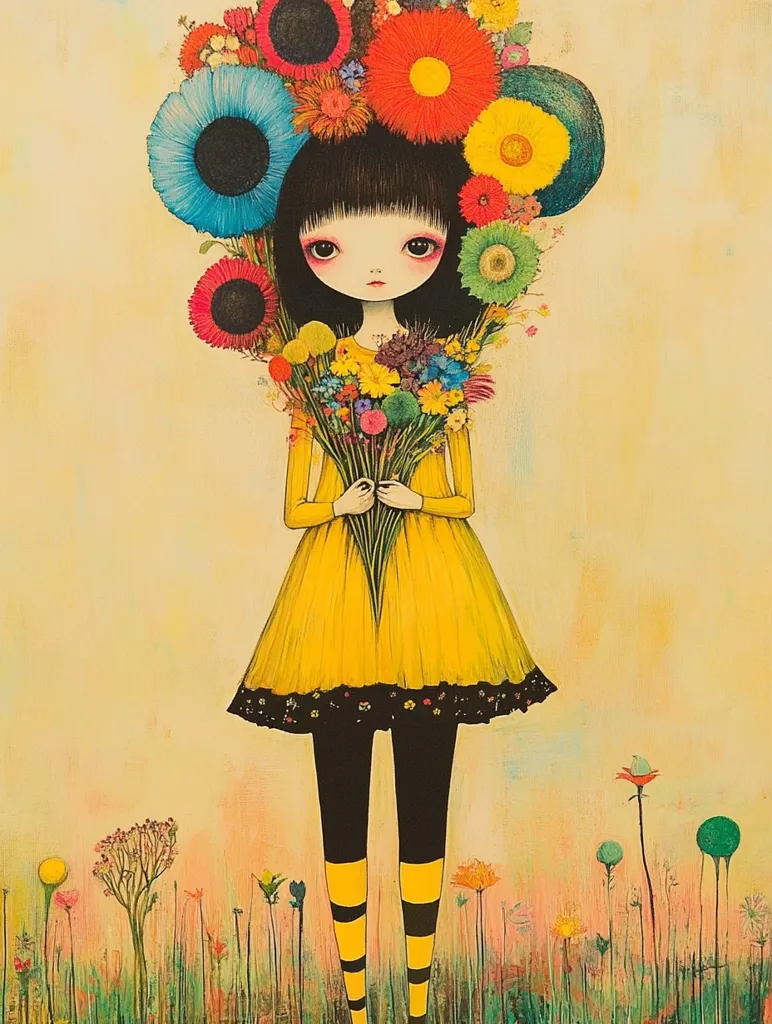 A whimsical illustration depicts a young girl with dark hair, large eyes, and a yellow dress.  She's surrounded by a vibrant halo of oversized flowers in various colors, and holds a large bouquet of smaller blooms.  The girl wears black leggings and yellow-striped socks. The background features a field of stylized, colorful wildflowers, creating a dreamlike, fantastical scene. The overall style is reminiscent of children's book illustrations with a slightly melancholic undertone.