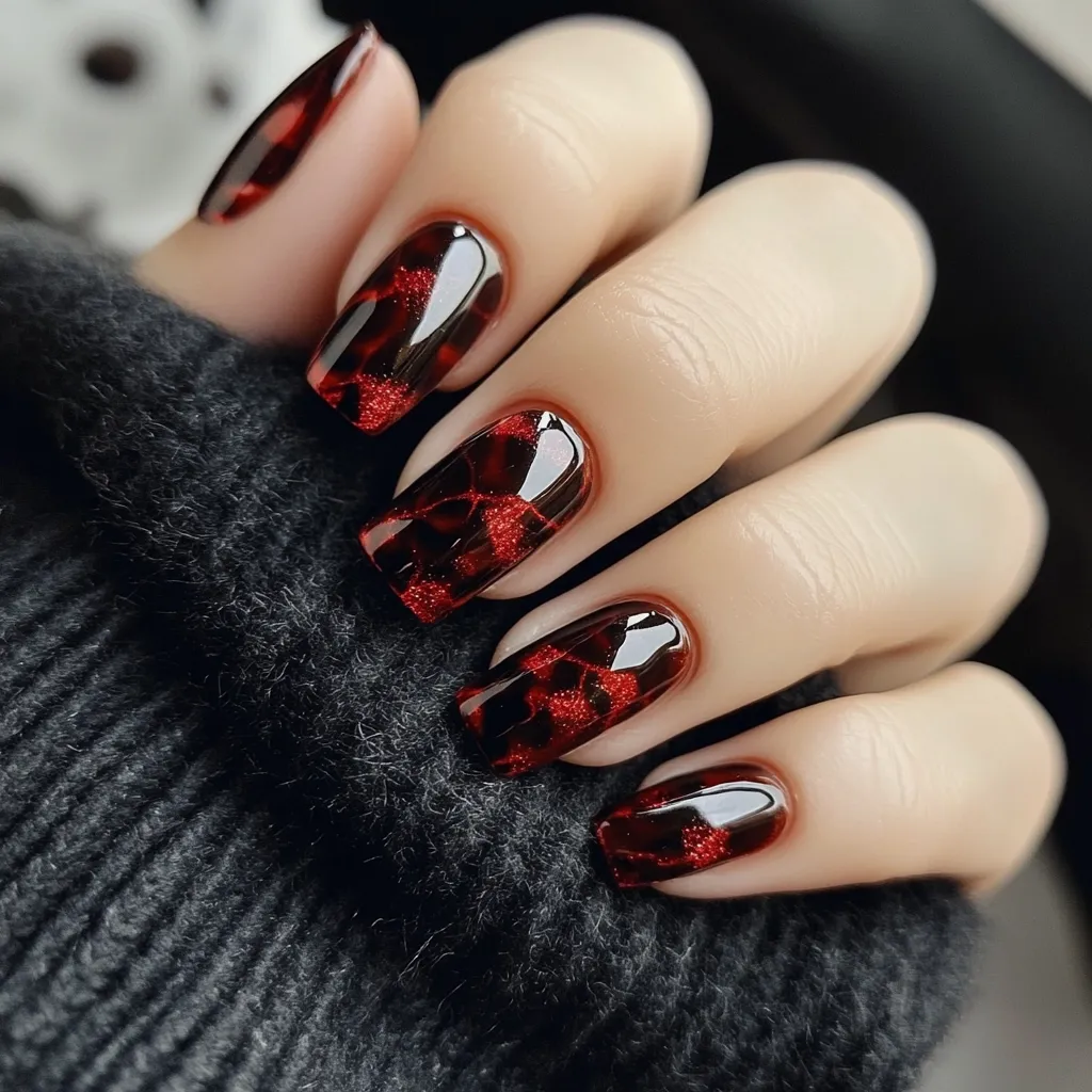 Close-up view of a hand with meticulously manicured nails. Each nail is adorned with a dark, glossy polish featuring a red-toned marbled or tortoiseshell design, creating a rich, luxurious effect. The nails are long and shaped into a square or slightly rounded square. The hand rests gently on a piece of dark gray or black knit fabric. The overall aesthetic is elegant and sophisticated.