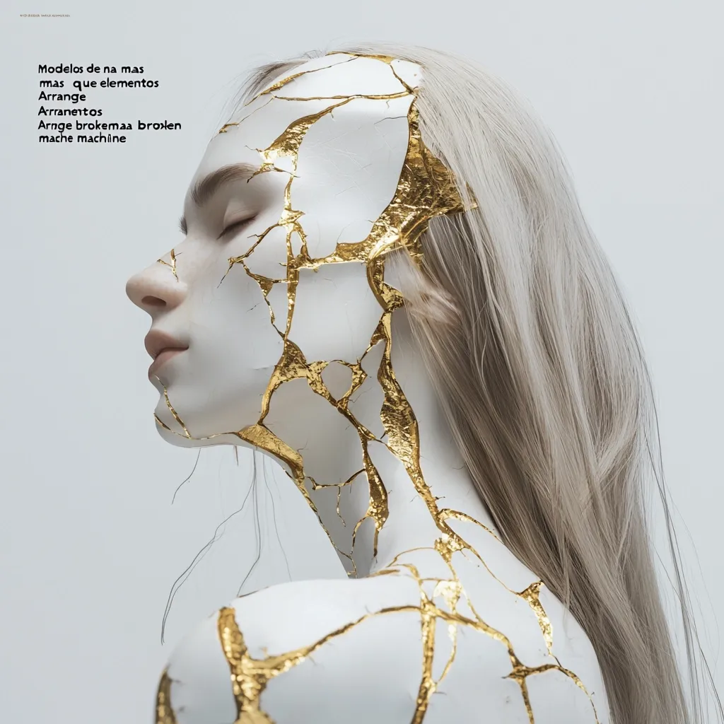 The image showcases a woman's profile, her face and body sculpted with a cracked, white surface, intricately filled with gold leaf.  Her long, light blonde hair cascades down her back. The overall effect is one of artistic fragility and a juxtaposition of delicate beauty with a sense of fractured wholeness.  The accompanying text, seemingly in multiple languages, hints at a conceptual art piece exploring themes of breakage and repair.