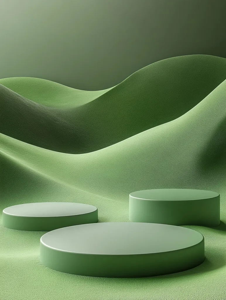 Here's a description of the image:

The image showcases three pale green cylindrical platforms of varying sizes, arranged on a textured, undulating surface of the same muted green hue. The background is a slightly darker shade of green, creating a monochromatic color scheme.  The textured surface resembles soft, rolling hills or dunes, providing a visually interesting contrast to the smooth cylinders. The overall aesthetic is minimalist and serene, suggesting a calm and natural environment.