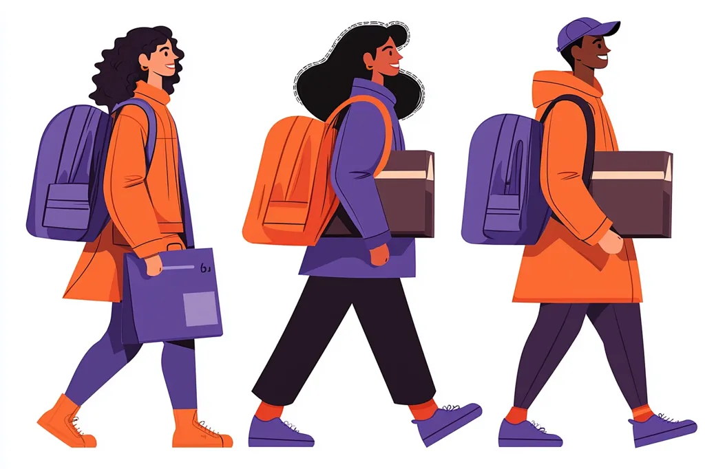 Here's a description of the image:

The illustration shows three stylized figures, each carrying a backpack and something else.  One person carries a purple bag, another a brown box, and a third also carries a brown box. All three figures wear orange jackets and dark pants/leggings. They are depicted walking in profile, suggesting movement and perhaps delivery or transportation. The figures have diverse appearances and styles, conveying a sense of inclusivity. The overall style is simple, flat, and modern.